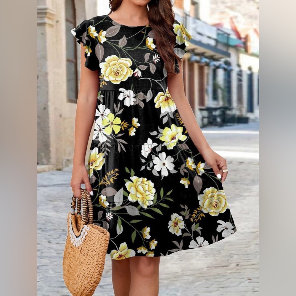 Floral Moments Short Sleeve Tiered Midi Dress